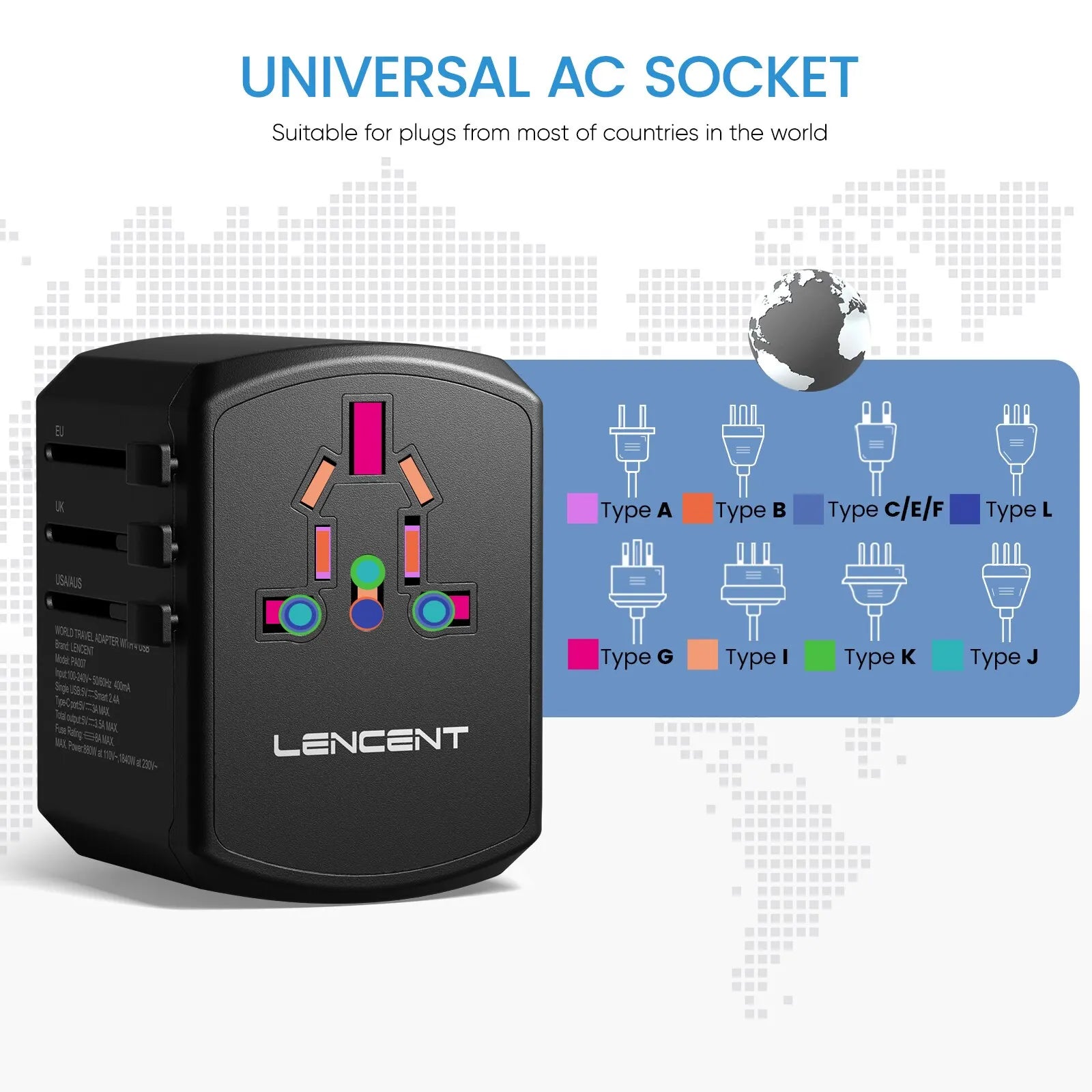 International Travel Adapter Travel Charger with 3 USB 1 Type C ports.