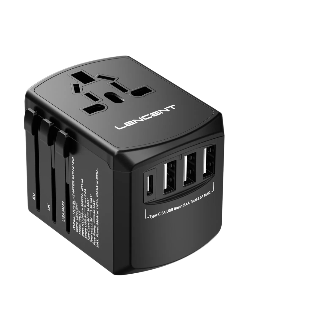 International Travel Adapter Travel Charger with 3 USB 1 Type C ports.